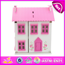 2014 nuevos niños de madera Toy Dollhouse, Lovely Design Pink Kids Dollhouse Toy y venta caliente de madera Kids Dollhouse Set W06A077